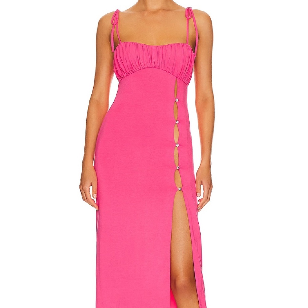 Pink Midi Dress with Crystal Button Slit